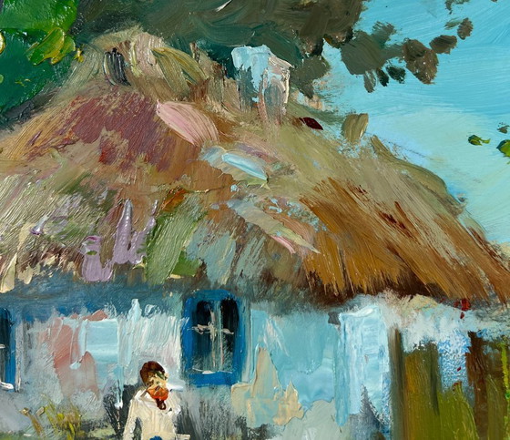 Image 1 of Original Oil Painting Summer Village Landscape Thoughts on the bench