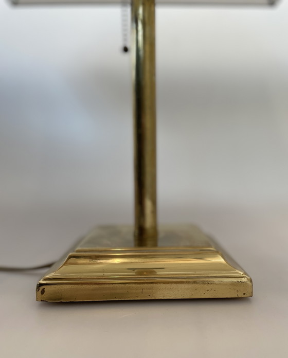 Image 1 of Vintage Art-deco Frank Lloyd Wright style opal stained glass lamp - glas-in-lood met messing