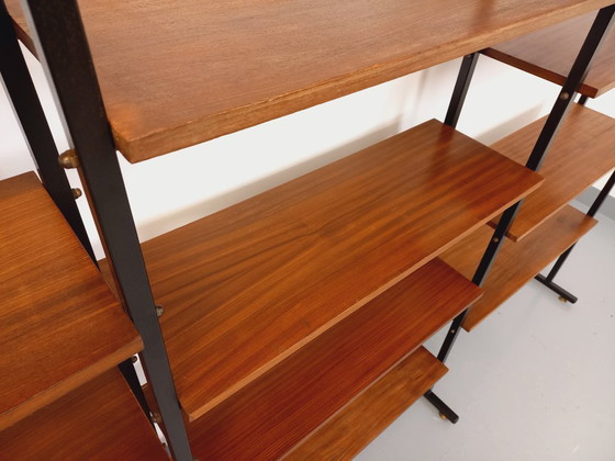Image 1 of Vintage Italian triple modular bookcase in teak and metal from the 1960s