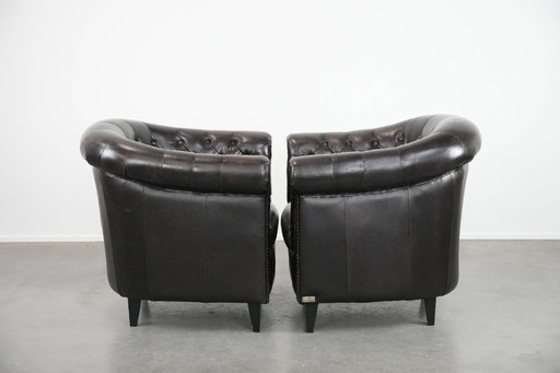 2 sillones club Chesterfield de piel de vacuno oscura de estilo inglés