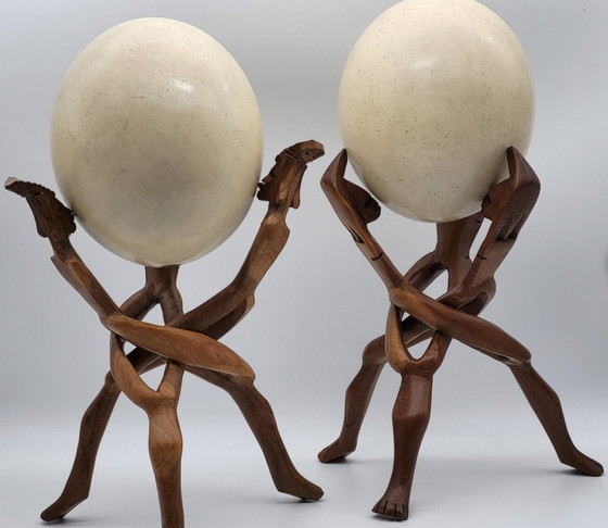 Image 1 of Genuine Ostrich Eggs, Vintage, Exotic Wood Stands