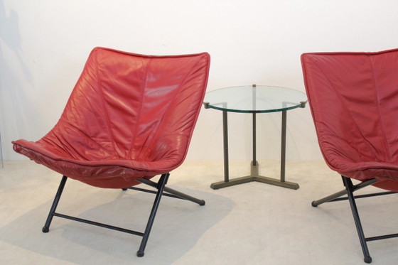 Molinari Foldable Easy Chairs Designed by Teun Van Zanten, Armchairs, Leather, Metal, Red, Mid Century Modern (photo 9 of 10)