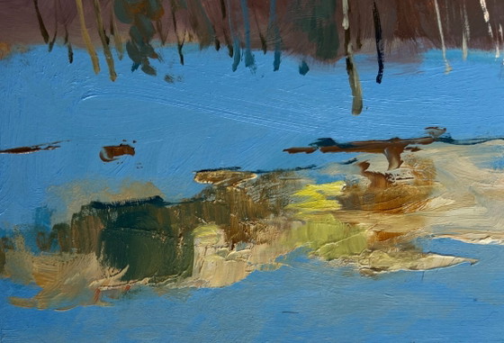 Image 1 of Original Oil Painting Evening Forest Landscape Reflection of a yellow sunset