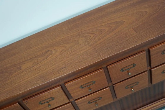 Image 1 of Vintage Nederlandse hardhouten winkel- / apothekers- of archiefkast, midden 20e eeuw