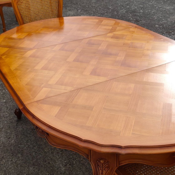 French Vintage Marqueterie Dining Table-Extendable Cherrywood Table-Style Louis XV-80s (photo 10 of 18)