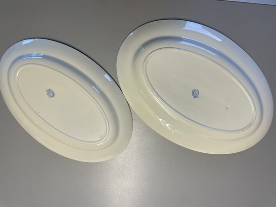 Image 1 of Platos de Sarreguemines, con estampado de cuadros, azul y blanco.