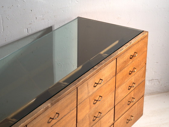 Vintage Twenty-Drawer Counter Chest, Central Europe, circa 1950, Storage cabinet, Glass, Brass, Black (photo 2 of 21)