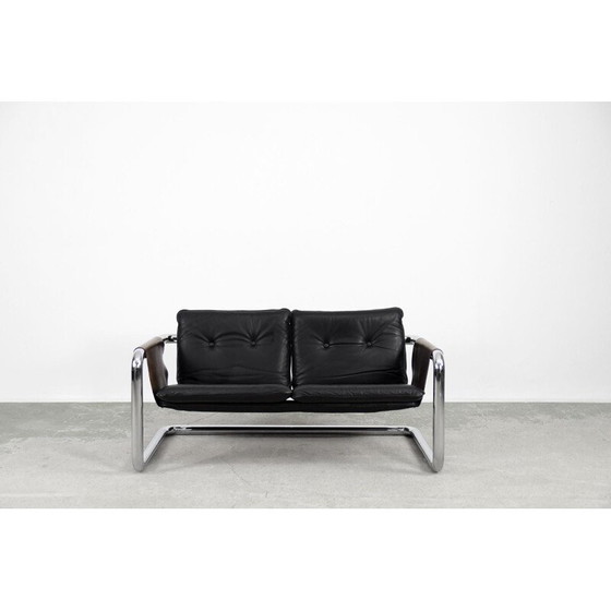 Image 1 of Vintage Brutalist Tubular Metal and Leather Bauhaus Minimalist Sofa 1950s