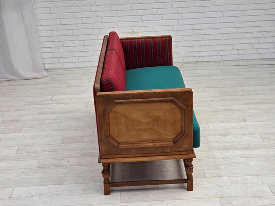 Image 1 of 1950s, Danish 2 seater drop arm sofa, original striped red furniture wool, oak wood.