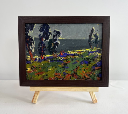 Original Oil Painting Gloomy Nature Landscape Far beyond the river