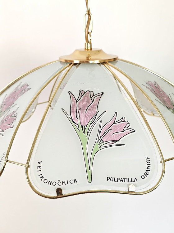 Image 1 of Vintage hanglamp met bloemblaadjes / Retro botanische messing plafondkroonluchter / Glazen tulp hanglamp uit de jaren 80