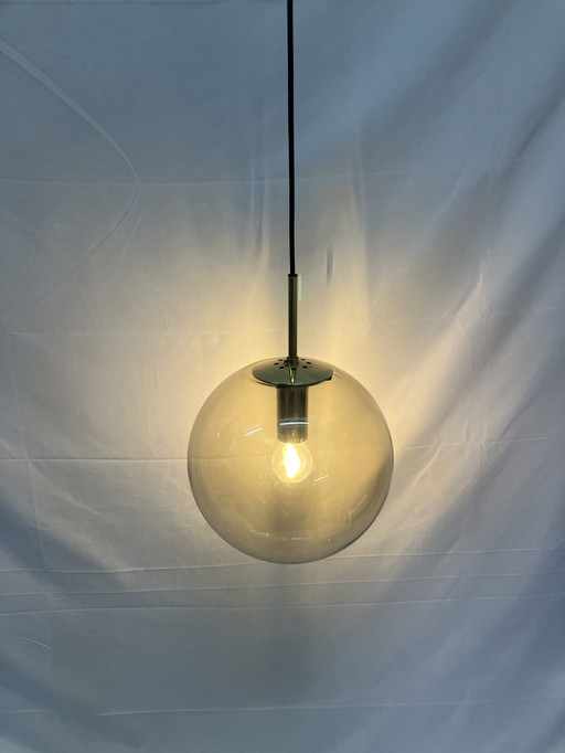 Lampada a sospensione vintage in ottone e vetro fumé, Limburg Glashütte, 1970