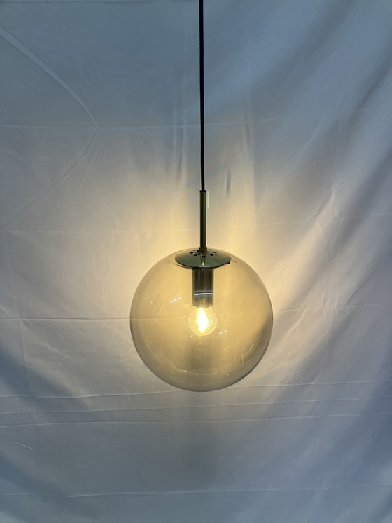 Image 1 of Lampada a sospensione vintage in ottone e vetro fumé, Limburg Glashütte, 1970