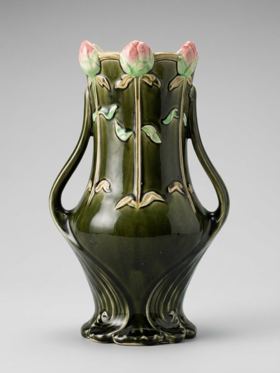 Art Nouveau Vase with Roses – Gustave De Bruyn – 25 cm – Ceramic (photo 4 of 9)