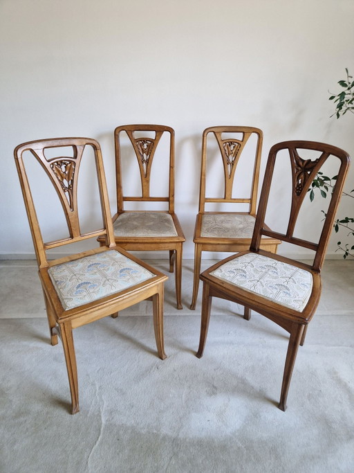 4 Chaises Art Nouveau avec Revêtement Floral