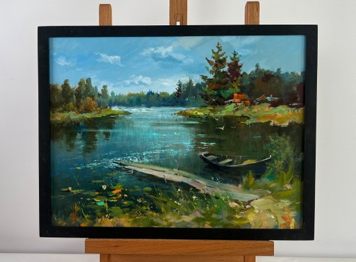 Original Oil Painting Summer Coastal Landscape A lonely boat by the river