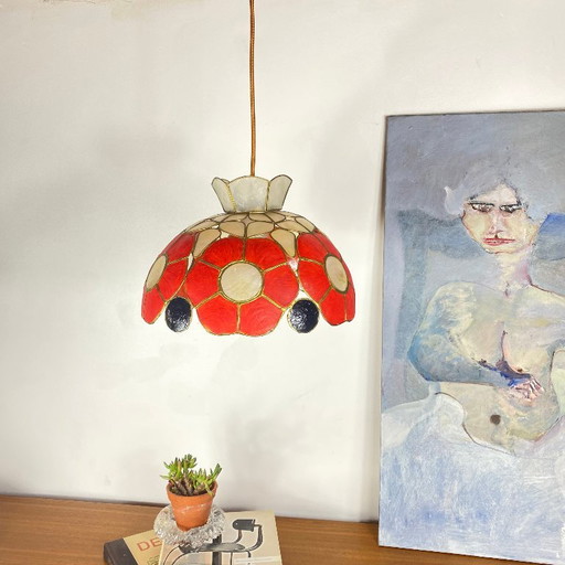 Mother-of-pearl chandelier, Capiz shell, 1950s style, red flowers – hanglampen, Stone (photo 2 of 9)