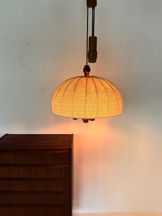 Image 1 of Vintage XL teak & wool pendant lamp, Domus '70