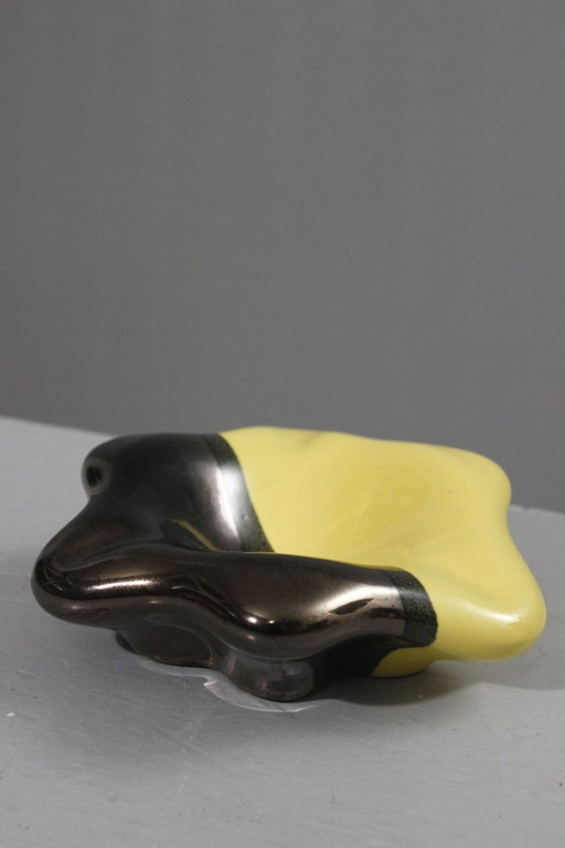 Luc in Vallauris - Vintage ceramic trinket tray with black, gilt & yellow enamel, France, 1950s