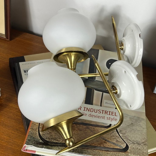 Pair of vintage brass Wall lights with white glass globe shade