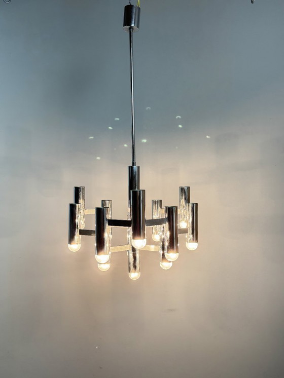 Image 1 of Mid-Century Design Large Sciolari Chandelier with Chromed Frame, Italy, 1970s