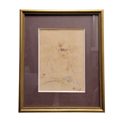 Disegno su carta "Ritratto femminile con margherita", firmato Boiscel, Art Nouveau, circa 1900 - Francia