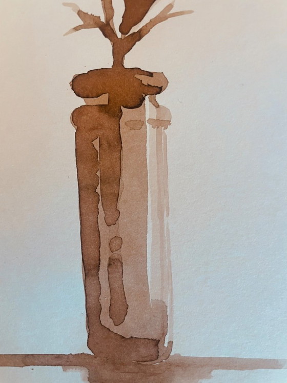 Image 1 of Painting, monochrome sepia still life "dried flowers", signed