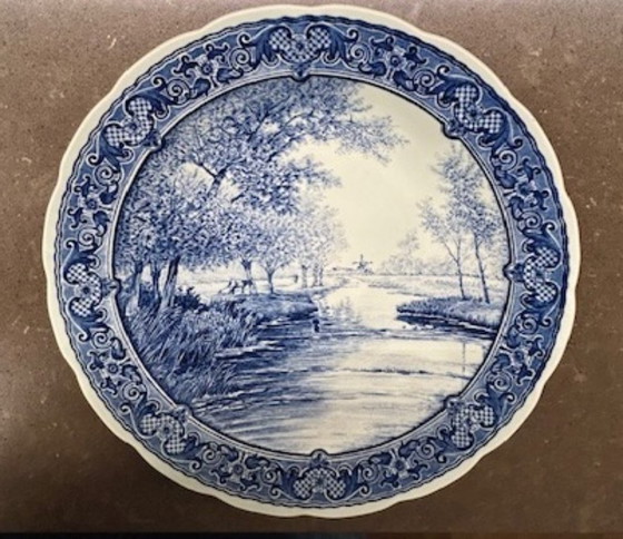 Image 1 of Piatto da parete vintage blu di Delft con immagine di paesaggio