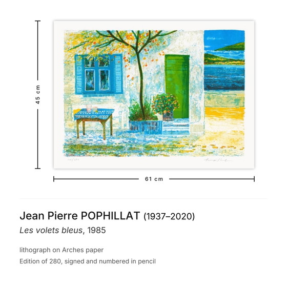 Jean Pierre POPHILLAT Litografía firmada Les Volets Bleus 1985 – Litografías y grabados, Paper (photo 3 of 5)