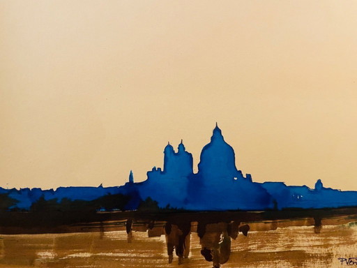 Tableau signé aquarelle bichrome « crépuscule sur Venise »