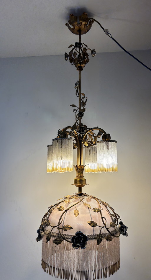 Lampadario esclusivo con foglie in ottone e rose color argento