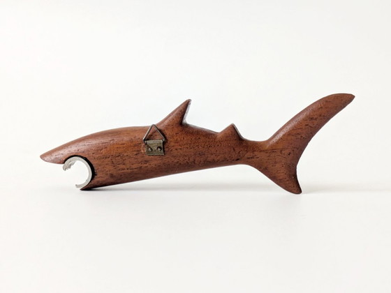 Image 1 of Midcentury Danish Teak Shark Bottle Opener, 1960s Sculptural Barware, Home Bar Gift