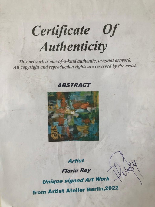 Peinture acrylique moderne de Floria Rey. Dimensions : 106 x 104 cm.