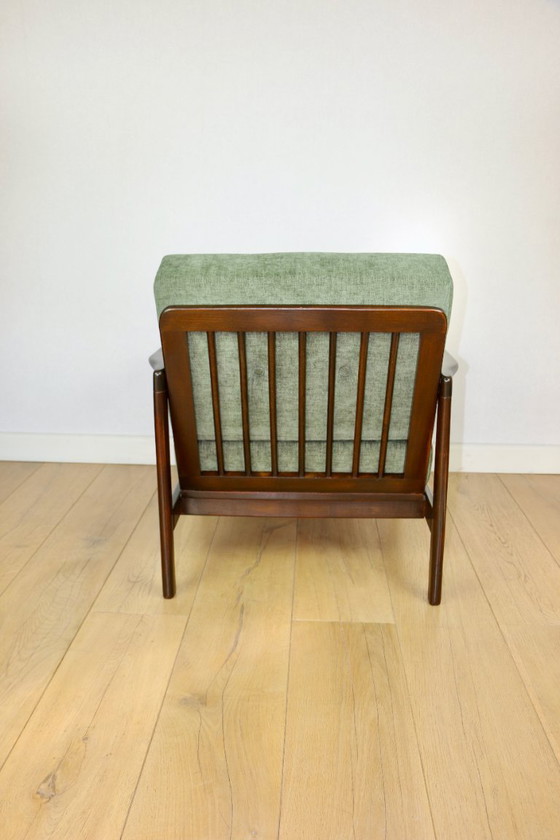 Image 1 of Vintage brown wooden armchair green-olive jeans design by Z. Bączyk - 2 pieces available