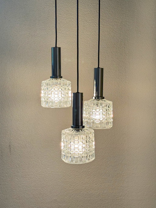 Vintage Cascade Lamp, Three Pendants, 1970s Space Age Chrome Glass