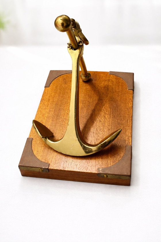 Image 1 of Vintage Mid-Century Brass Anchor Sculpture on Wooden Base - 1960s