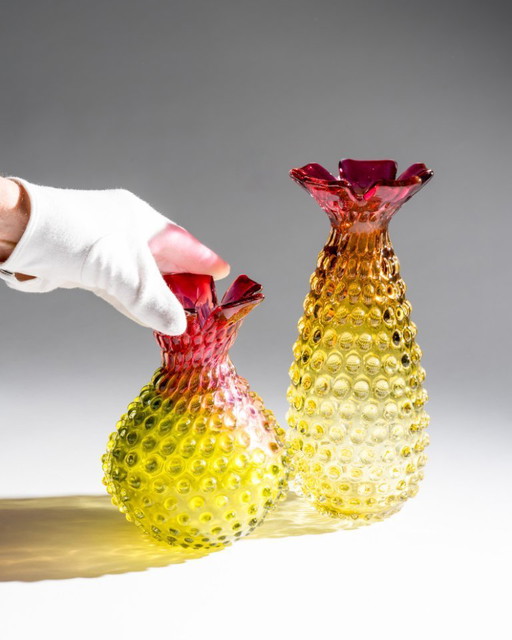 Frantisek Koudelka Skrdlovice Glashütte „Ananas“ Seltenes tschechisches Kunstglas-DUO