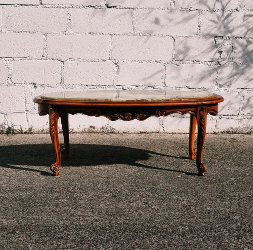 Französischer Vintage-Couchtisch aus Onyx und Kirschholz – Großer Marmor-Loungetisch – Stil Louis XV – 70er (photo 2 of 22)