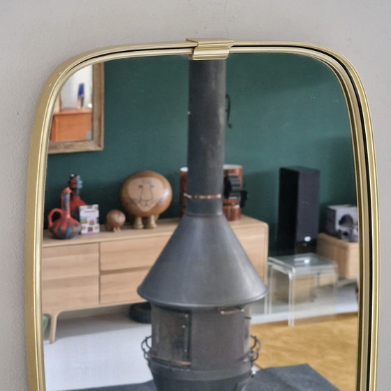 Image 1 of Vintage Mirror from 50s / 60s: Elongated Mirror with Brass Frame, Retro Wall Mirror, Gold Frame, German