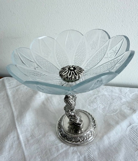 Image 1 of Zeldzame vintage verzilverde kristallen compoteschaal op een zeepaardje-onderzetter met keurmerk.