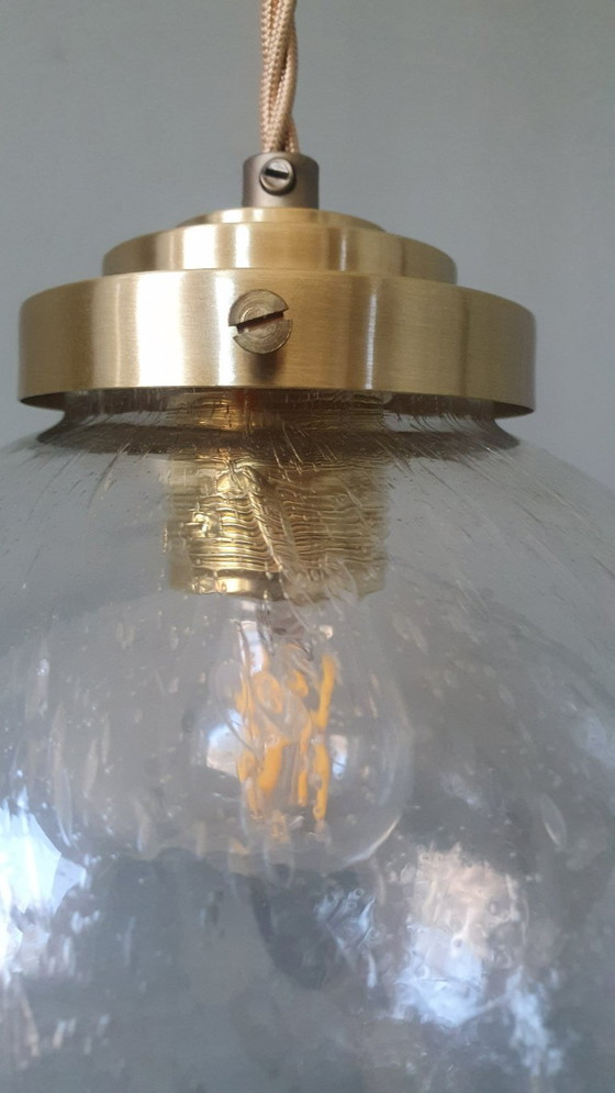 Image 1 of Vintage plafond hanglamp van getextureerd / bubbelglas - Mid Century