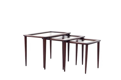 3 Tables gigognes modulaires en acajou avec plateau en verre par Ico Parisi, années 50