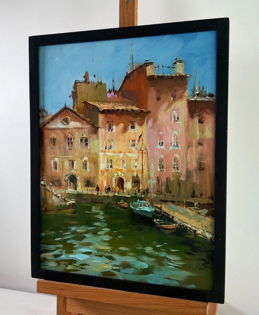 Original Oil Painting Coastal House Landscape Walking through the city streets