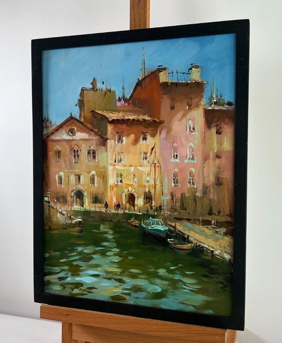 Image 1 of Original Oil Painting Coastal House Landscape Walking through the city streets