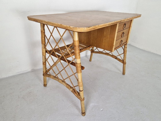 Image 1 of Vintage Louis Sognot Desk, Rattan 1960s