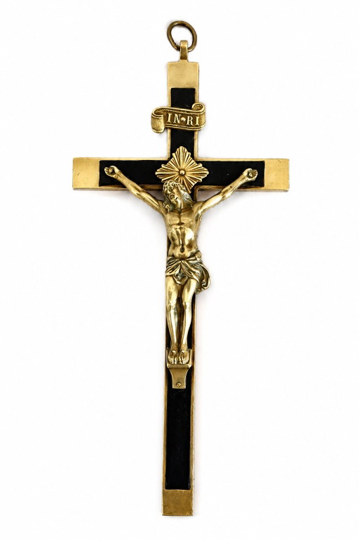 Crocifisso antico francese in ebano e bronzo con Sacro Cuore, circa 1900.