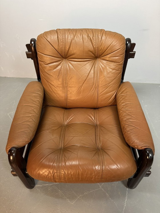 Image 1 of Mid-Century Brazilian Design Jean Gillon 'Rodeio' Lounge Chair in Cognac Leather Upholstery with Jacarandá Wooden Frame.