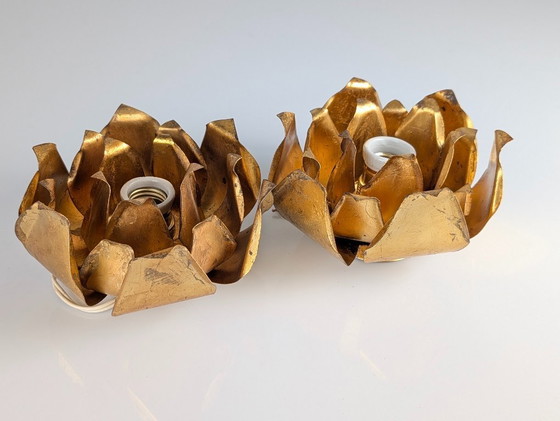 Image 1 of Paire d'appliques murales florales en métal doré, Hans Kögl, années 1970