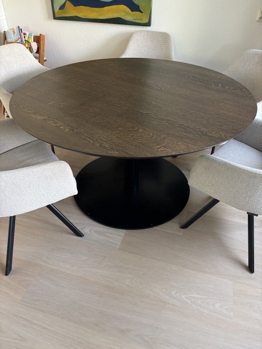 Round solid oak table with veneer top. Bought at Maison Manon.