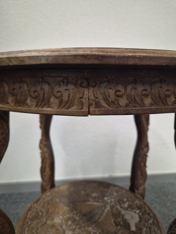 Vintage Handgesneden Houten Bijzettafel / Plantentafel – Rijk Gedecoreerd – Wood (photo 5 of 10)